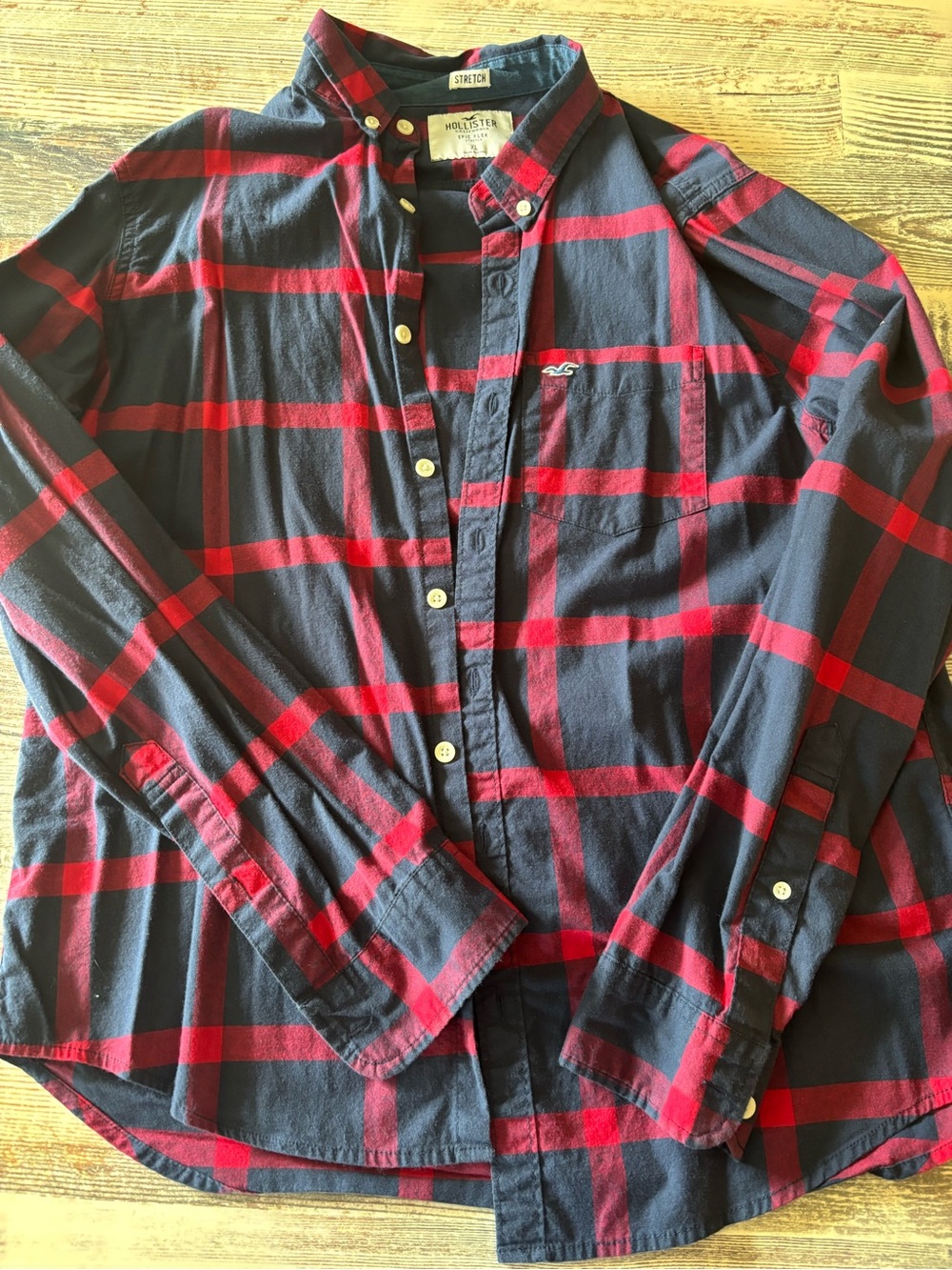 Hollister Red and Navy Plaid Button-Down Shirt